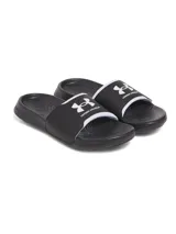Sandalias tipo ojota Under Armour, color negro con logo blanco en la correa. Presentan una plantilla de EVA acolchada para mayor amortiguación y una suela duradera con tracción.