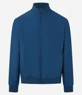 Campera bomber negra con cuello alto, cierre frontal por cremallera, puños y cintura elásticos.