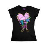Remera negra de corte entallado con estampa frontal colorida del personaje Arnold de Hey Arnold! con estética noventera.