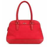 Cartera roja estructurada con doble asa de hombro, cierre superior y detalles de tachas metálicas en la base.