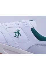 Championes urbanos Original Penguin modelo Rexo, de color blanco con detalles en gris claro, verde oscuro y suela de goma color caramelo. Presenta el logo del pingüino bordado en el lateral.
