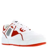 Championes urbanos N+ modelo Houl, de diseño robusto con base blanca y detalles en rojo y gris. Presentan cierre mediante cordones y suela plana de goma roja.