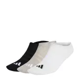Pack de tres pares de medias invisibles Adidas, confeccionadas en tejido suave y elástico. Incluye un par negro, uno gris melange y uno blanco, cada uno con el logo de la marca estampado en la puntera.