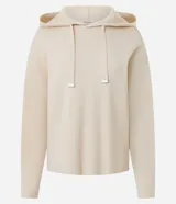 Buzo de punto con capucha y cordones ajustables con punteras metálicas. Presenta un diseño de corte regular, confeccionado en una mezcla de viscosa, poliéster y poliamida, ofreciendo una textura suave y cómoda.