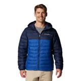 Campera acolchada con capucha, diseño bicolor en tonos azul marino y azul eléctrico. Cuenta con cierre frontal completo, bolsillos laterales con cremallera, puños elásticos y tecnología termorreflectante.