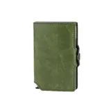 Billetera de cuero color verde con sistema de apertura automática para tarjetas.