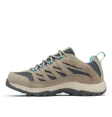 Championes de trekking Columbia modelo Crestwood, con diseño de caña baja. Presentan una combinación de cuero gamuzado y malla técnica en tonos gris y beige, con detalles en color turquesa en los cordones y el interior. Cuentan con entresuela Techlite para amortiguación y suela de goma Omni-Grip de alta tracción.