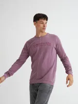 Buzo color tostado con cuello redondo, corte central y mangas raglán. Presenta un estampado frontal con la palabra "UNFRMDENIM" en negro.