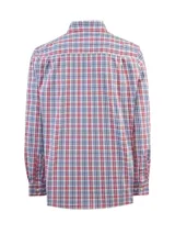 Camisa de manga larga RKF modelo Lighter, confeccionada en popelina de algodón orgánico con diseño de cuadros en tonos rojos, azules y blancos. Presenta cuello camisero, cierre frontal con botones, un bolsillo en el pecho con el logo de la marca bordado y calce modern fit.