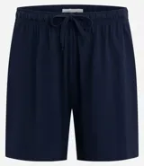 Conjunto de pijama masculino de dos piezas, compuesto por una remera de manga corta con cuello redondo y una bermuda corta, ambos en color azul marino con efecto mezclado que simula lino.