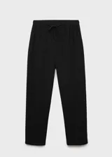 Pantalón fluido de color negro con cintura elástica y cordón ajustable. Presenta diseño recto y bolsillos laterales.