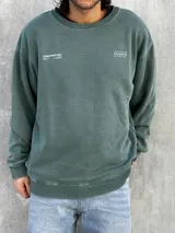 Buzo verde de algodón con cuello redondo, mangas largas y puños acanalados. Presenta un pequeño estampado en el frente y un logo geométrico en el pecho. Corte holgado.