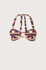 Top de bikini tipo bandeau con diseño de tiras al cuello, argolla central decorativa y estampado geométrico multicolor.