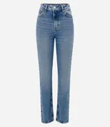 Pantalón de jean azul con lavado efecto mármol, corte recto, tiro alto, bolsillos delanteros y traseros, cierre con botón y cremallera.