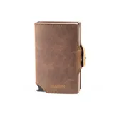 Billetera Baleine modelo Double Kansas Zipper, color marrón Pard Brown, con tarjetero metálico automático y cierre de solapa con botón.