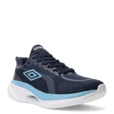 Championes de entrenamiento Umbro modelo Aerorun, color azul marino con detalles en celeste y suela blanca. Presentan diseño de malla transpirable, cierre con cordones y logo de la marca en el lateral.