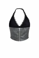 Corset estilo halter con copas de encaje negro y cuerpo de cuero sintético en color azul marino.