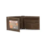 Billetera de cuero marrón oscuro, con diseño plegable, compartimentos para tarjetas, doble espacio para billetes y visor transparente.