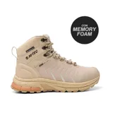 Bota de trekking Hi-Tec modelo Mirage Water Resistant, color beige, de caña media con tecnología de memoria en la plantilla y suela dentada para mayor tracción.