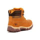 Bota estilo timberland color camel con detalles en marrón, caña acolchada, cordones bicolor y suela tractora de goma.