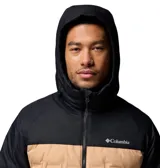 Campera técnica con capucha, diseño bicolor en negro y beige. Cuenta con cierre frontal completo, bolsillos laterales con cremallera y tecnología de aislamiento térmico. Presenta construcción sellada sin costuras y logo de la marca estampado en el pecho.
