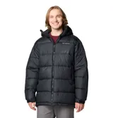 Campera tipo parka de la marca Columbia, color negro, con diseño acolchado, capucha ajustable, cierre frontal completo y bolsillos laterales con cremallera.