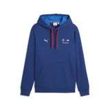 Buzo con capucha Puma de la colección BMW Motorsport, color azul con cordones rojos en contraste. Presenta el logo de Puma y el emblema de BMW Motorsport estampados en el pecho, con bolsillo tipo canguro frontal.