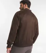 Chaqueta bomber azul marino lisa, con cierre frontal, cuello redondo y bolsillos laterales.