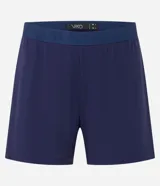 Conjunto de pijama masculino compuesto por una remera de cuello redondo y mangas cortas, y una bermuda con cintura elástica. Presenta un diseño liso en color azul marino con textura acanalada.