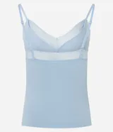 Blusa de pijama de tejido seamless color celeste, con breteles finos regulables y detalle de encaje en el escote en V.