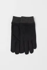 Guantes negros de tejido cepillado suave con puños acanalados de mezcla de lana en color gris. Están forrados.