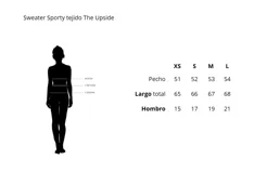 Sweater de punto color blanco con escote en V profundo y rayas azul marino en cuello, puños y dobladillo.