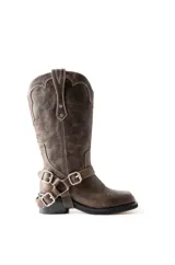 Bota texana marrón de cuero con estribo, caña alta y puntera cuadrada.