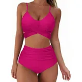 Bikini de dos piezas color fucsia. El top presenta un diseño cruzado en el frente con breteles finos ajustables, mientras que la bombacha es de tiro alto con detalle de frunces laterales.
