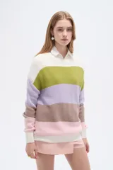 Sweater de punto de algodón con diseño de rayas horizontales multicolor, cuello redondo y mangas largas.