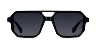 Lentes de sol con montura estilo aviador contemporáneo, de color negro con doble puente estructural y lentes polarizadas oscuras.
