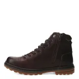 Botas de cuero marrón oscuro tipo borcego, con cordones frontales, cierre lateral y suela de goma acanalada.