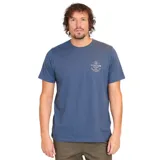 Remera azul de manga corta con cuello redondo y logo de Volcom estampado en el pecho.