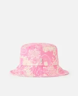 Sombrero tipo bucket de Rip Curl, color rosado con estampado tropical y de surf en tono claro.