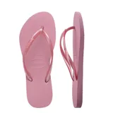 Sandalias tipo ojotas Havaianas modelo Slim, en color rosado, con tiras finas y suela de goma texturizada.