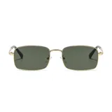 Lentes de sol rectangulares unisex con marco dorado y lentes verdes.