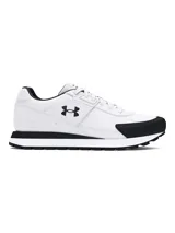 Championes Under Armour modelo Essential Runner, color blanco con detalles en negro, de estilo retro, con parte superior de nailon y revestimientos de gamuza, entresuela de EVA y suela de goma.