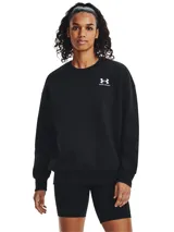 Buzo negro de mujer Under Armour Essential Fleece, de corte holgado, con cuello redondo y logo estampado en el pecho.