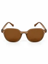 Lentes de sol con armazón translúcido en tono marrón y cristales oscuros a juego, de diseño redondeado.