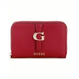 Billetera Guess modelo Carrie, de color rojo y formato compacto. Presenta cierre perimetral con cremallera, herrajes dorados, detalle de la letra "G" en el frente y la inscripción de la marca en la parte inferior.