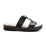 Sandalias bajas negras de Korium Confort, con dos tiras anchas sobre el empeine y apliques decorativos.