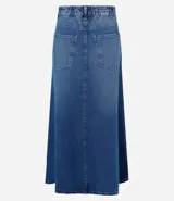 Pollera midi evasé de jeans con trabillas en la cintura, cierre con botón y cremallera, bolsillos traseros y recorte vertical.