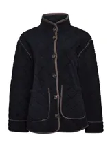 Chaqueta polar acolchada color azul marino, con diseño de rombos y ribetes en contraste color marrón. Presenta cuello alto, cierre frontal con botones y bolsillos frontales estructurados.