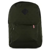 Mochila Topper de color verde oliva con estampado sutil de bicicletas. Presenta un compartimento principal amplio, un bolsillo frontal con cierre y detalle de etiqueta tricolor, además de un aplique de cuero sintético en la parte superior.