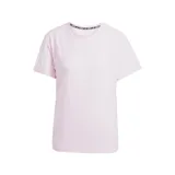 Remera deportiva Adidas Own The Run color rosa claro, con cuello redondo, mangas cortas y tres tiras en los hombros.